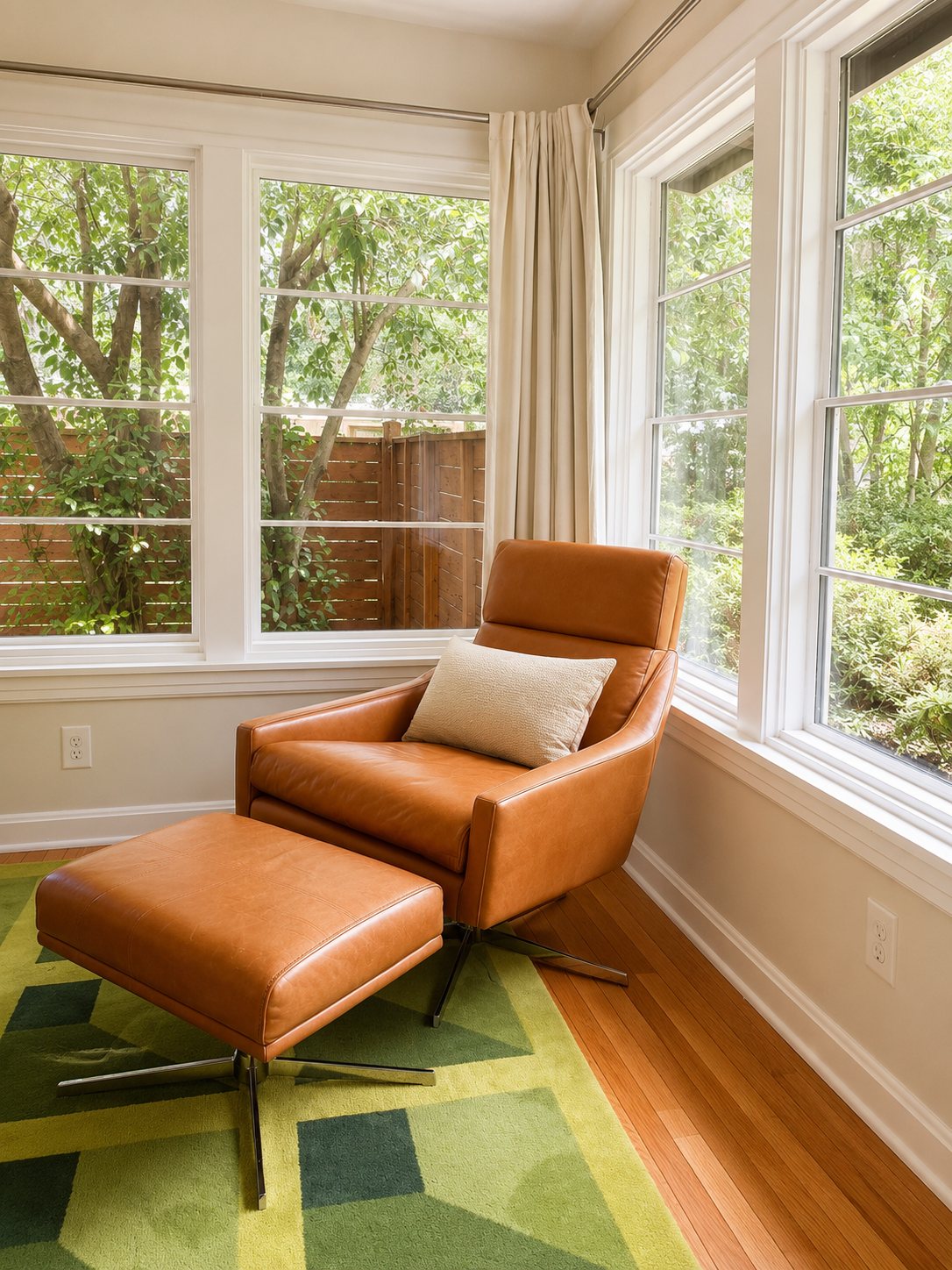 Leather reading chair and ottoman in a bright window corner